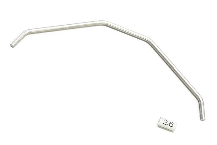 A silver metal Kyosho front sway bar with a small white identification marker labeled 2.6 on a white background.