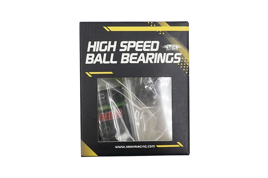 Yeah Racing High Speed Ball Bearings packaging box for RC cars, featuring black and yellow branding with a clear window showing internal contents.