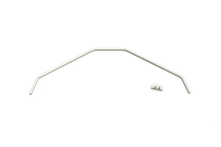 A silver metal RC car rear sway bar with a small white identification marker labeled 2.3, isolated on a white background.