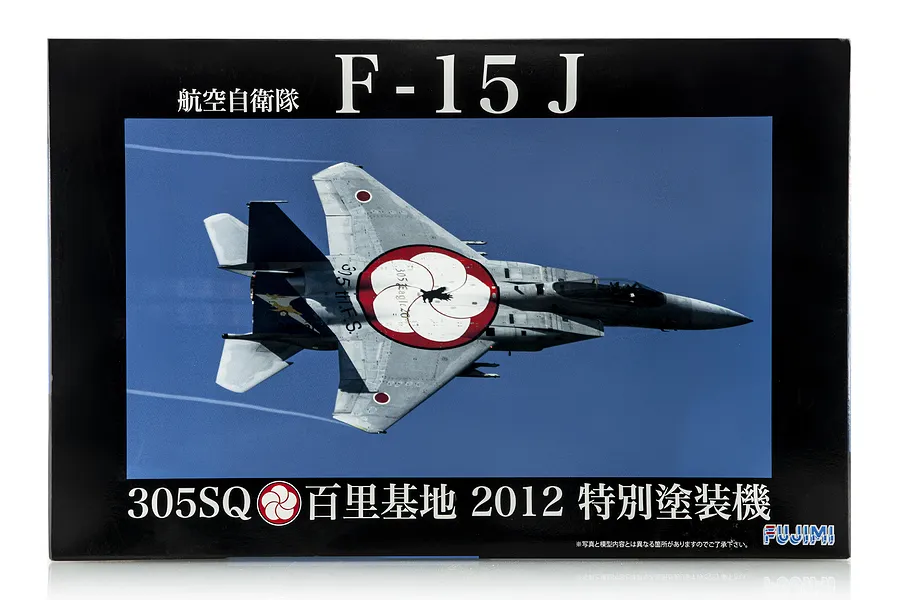 Fujimi 1/48 scale F-15J JASDF 305th Squadron special livery model kit box art showing a fighter jet in flight against a blue sky.