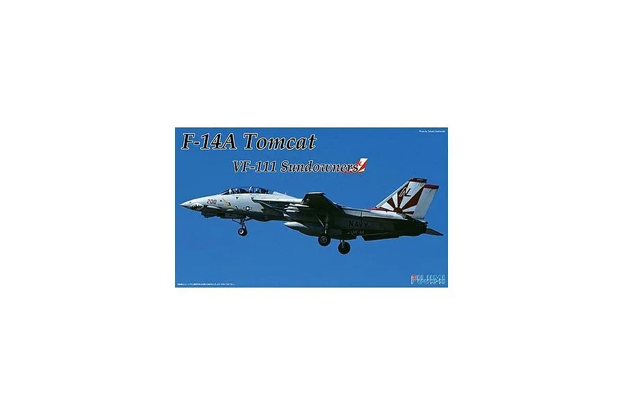 A studio image of a Fujimi 1/72 scale F-14A Tomcat model kit featuring the VF-111 Sundowners livery against a blue background.
