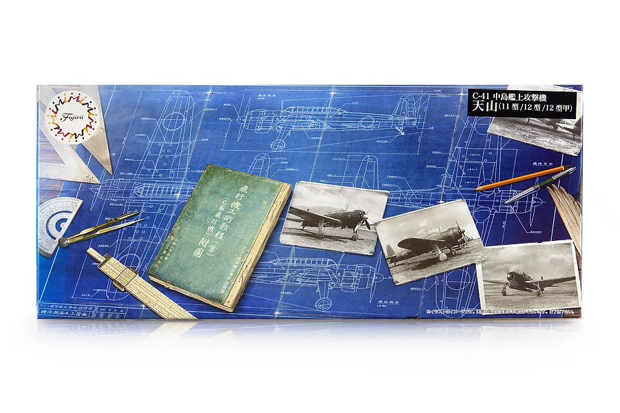 Fujimi model kit box art featuring a blue technical blueprint background with vintage photographs of a Nakajima B6N Tenzan aircraft and drafting tools.