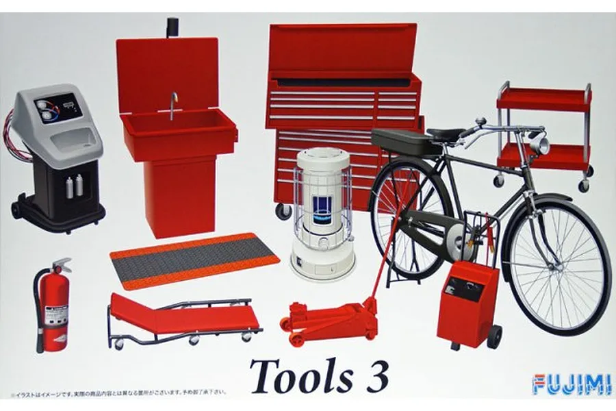 A collection of 1/24 scale model garage accessories by Fujimi, including a toolbox, bicycle, fire extinguisher, floor jack, and heater.