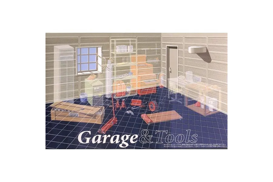 An illustration of a 1/24 scale garage interior featuring various workshop tools, shelving, and equipment on a tiled floor.