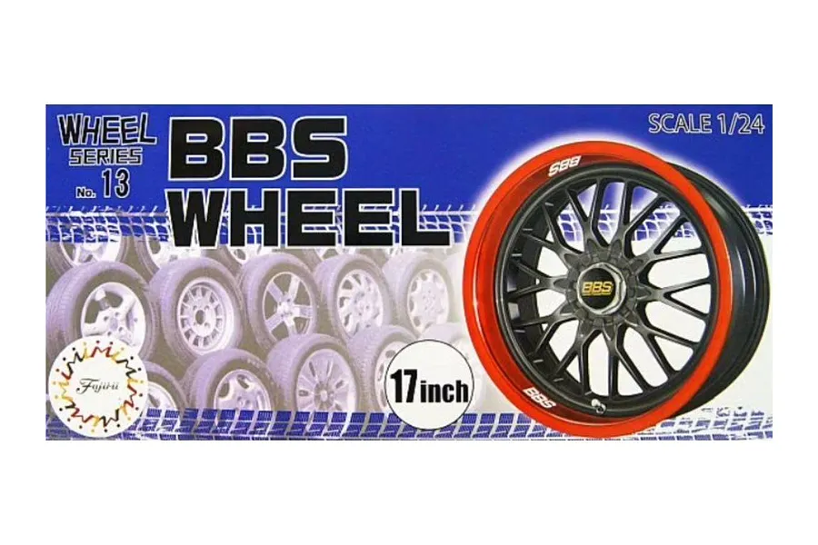 Fujimi 1/24 scale BBS wheel and tyre set packaging showing a black multi-spoke wheel with a red rim edge.