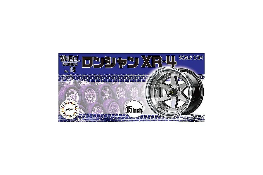 Fujimi 1/24 scale Long Champ XR-4 15-inch wheel and tyre set model kit packaging box art.