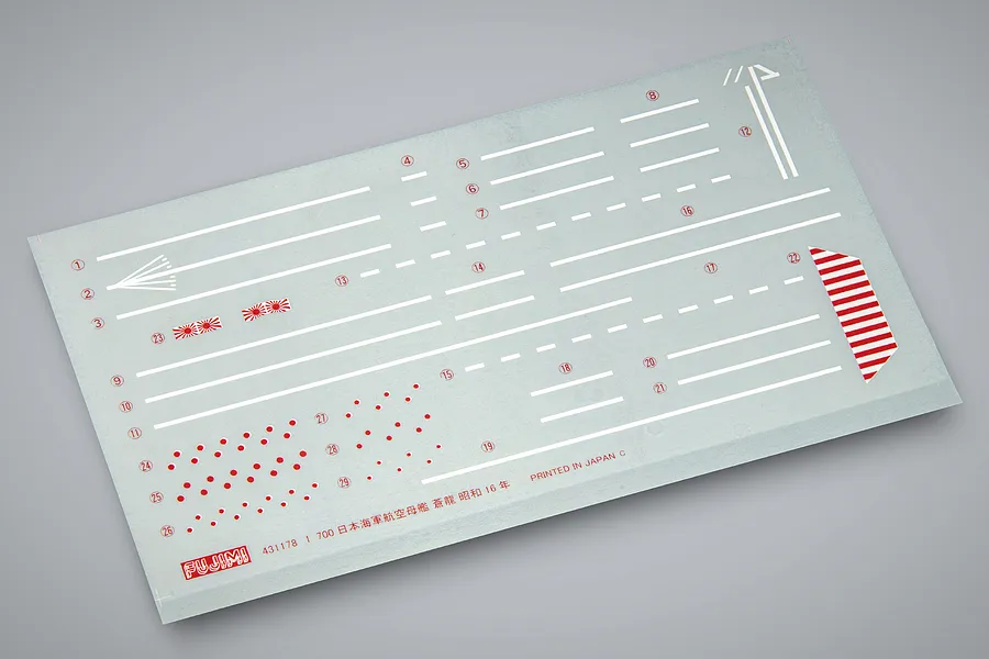 A sheet of Fujimi 1/700 scale dry transfer decals for the IJN Soryu aircraft carrier, featuring white flight deck markings and red Japanese rising sun symbols.