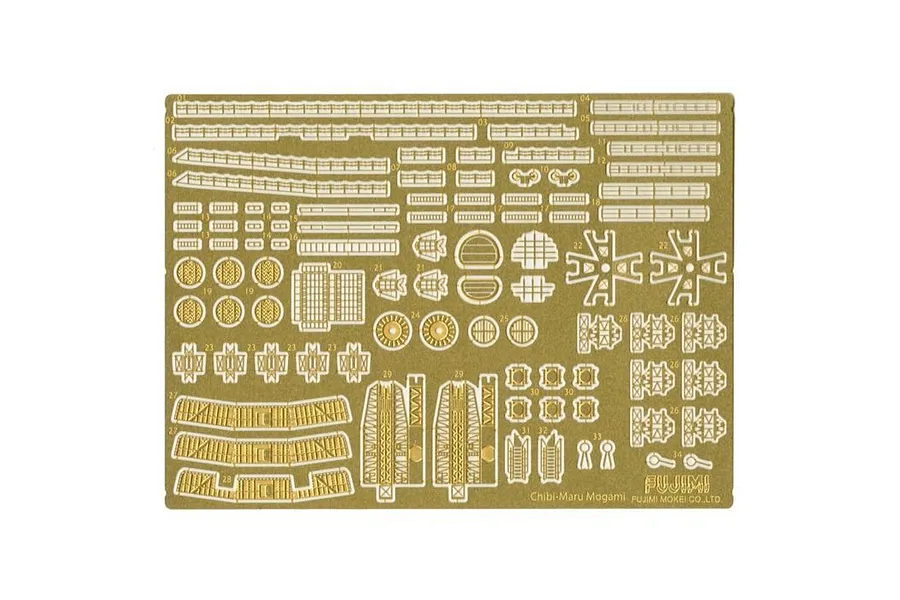A brass photo-etched detail set for the Fujimi Chibimaru Ship Mogami model kit, featuring various railings, ladders, and structural parts on a single sheet.