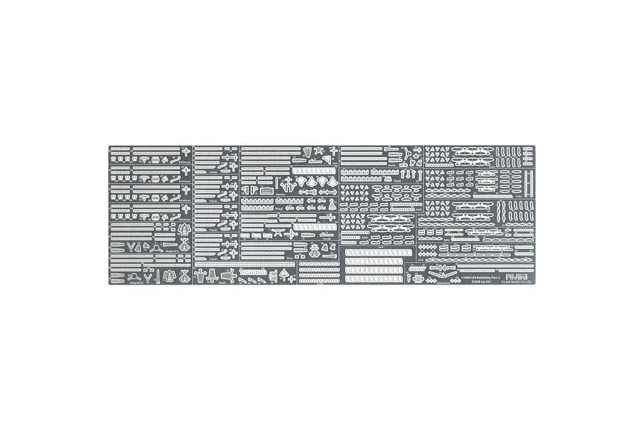 A rectangular photo-etched metal detail-up parts sheet for 1/3000 scale model warships by Fujimi, featuring numerous tiny components.