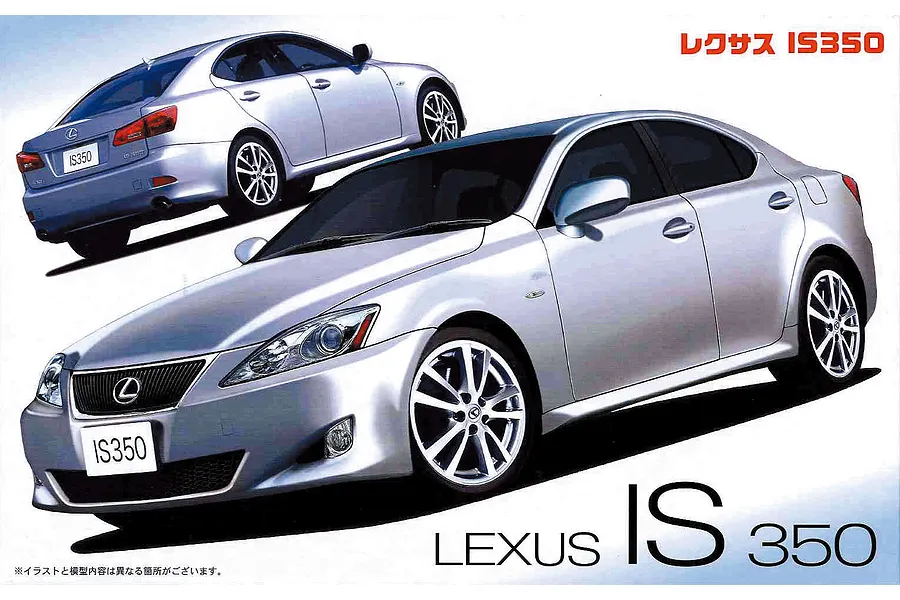 Box art for a Fujimi 1/24 scale Lexus IS350 model kit featuring two silver Lexus IS350 cars shown from different angles.