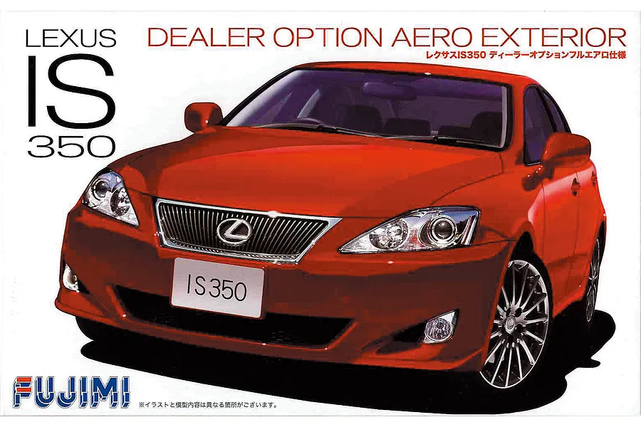 Box art for a Fujimi 1/24 scale Lexus IS350 plastic model kit featuring a red Lexus IS350 sedan.