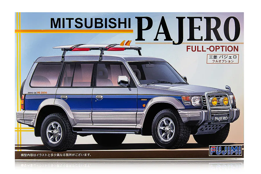 Product box for a Fujimi 1/24 scale Mitsubishi Pajero Full-Option plastic model kit featuring an illustration of a two-tone SUV with a roof rack.