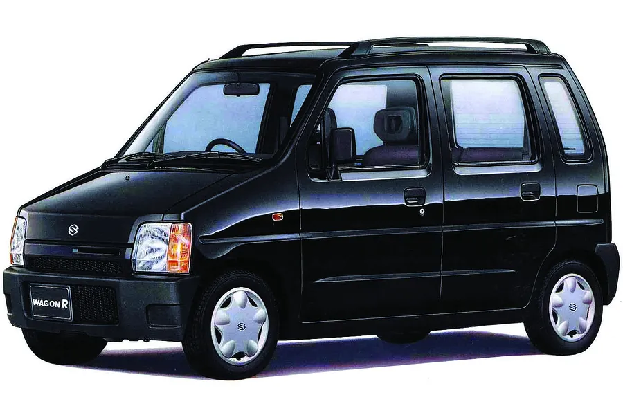 A studio shot of a black 1993 Suzuki Wagon R model car, showing the front three-quarter view against a white background.