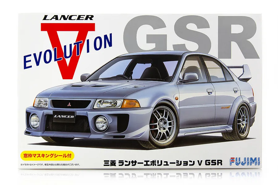 Fujimi 1/24 scale Mitsubishi Lancer Evolution V GSR model kit box art showing a silver sedan.