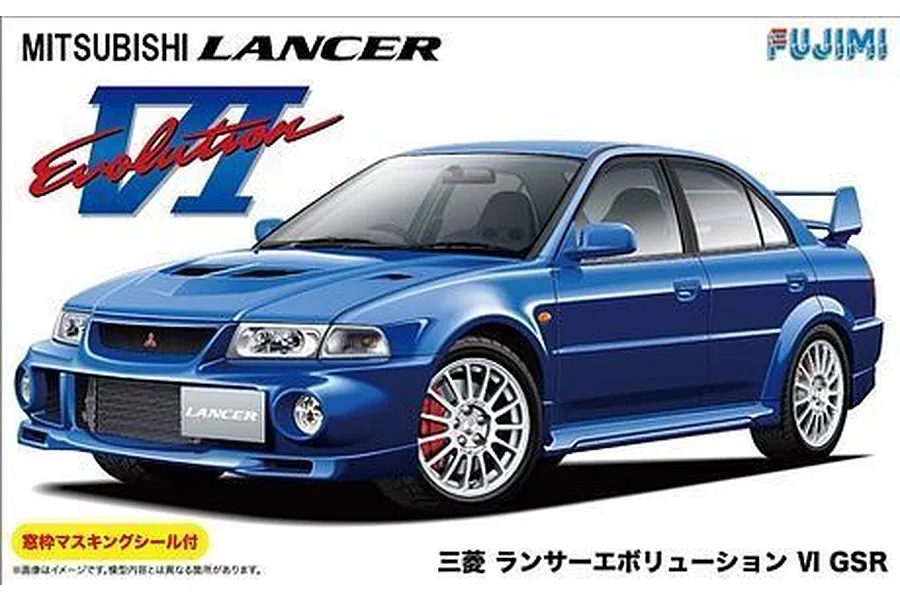 Box art for a Fujimi 1/24 scale Mitsubishi Lancer Evolution VI GSR plastic model kit featuring a blue car illustration.