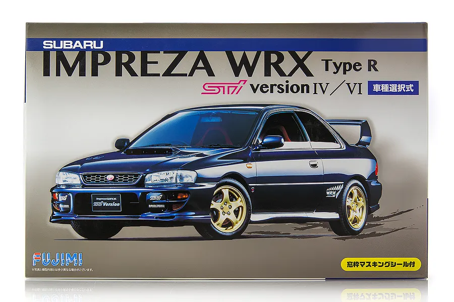 Fujimi 1/24 scale Subaru Impreza WRX Type R STI Version IV/VI plastic model kit box art featuring a blue car with gold wheels.