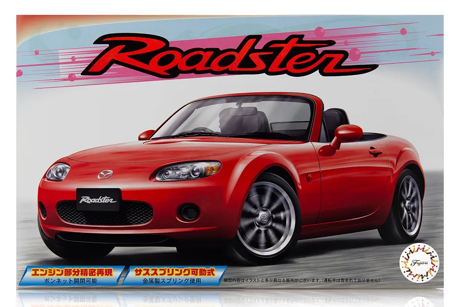 Product box art for a Fujimi 1/24 scale Mazda Roadster plastic model kit featuring a red convertible car.