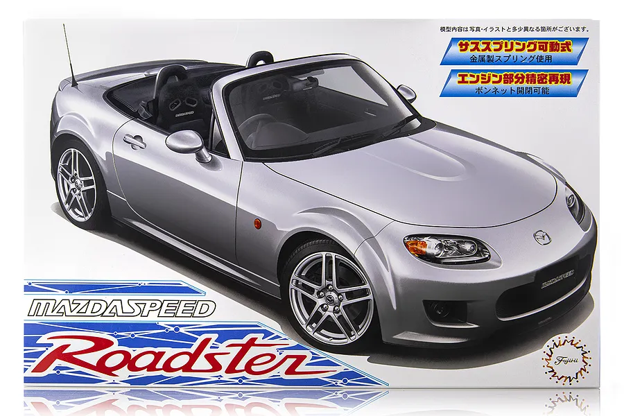 Product box art for a Fujimi 1/24 scale Mazdaspeed Roadster model kit featuring a silver convertible sports car.