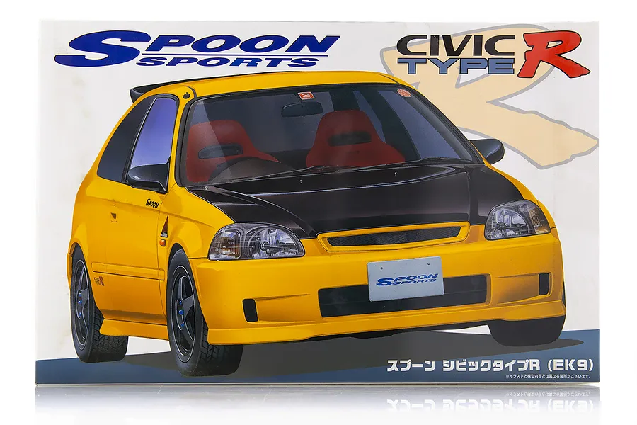 Product box for a Fujimi 1/24 scale Spoon Civic Type R EK9 plastic model kit featuring a yellow and black Honda Civic.