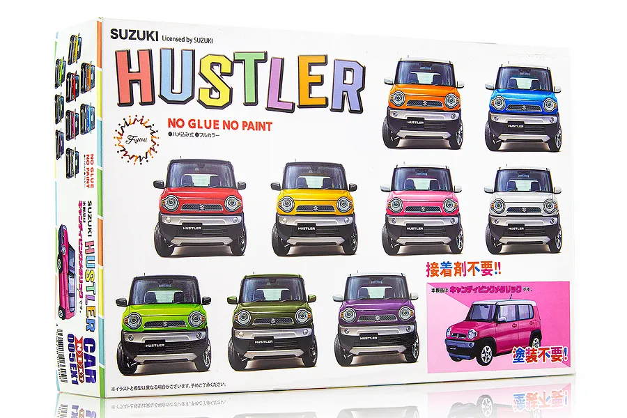 Packaging for a Fujimi 1/24 Suzuki Hustler model kit showing multiple color variations of the car on a white background.