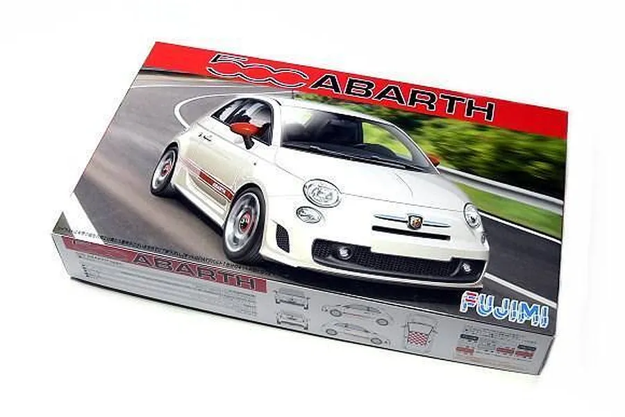 Fujimi 1/24 scale Abarth 500 plastic model kit box featuring an illustration of a white Abarth 500 driving on a road.