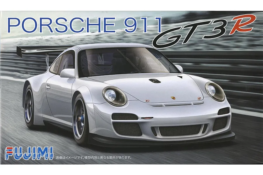 Box art for a Fujimi 1/24 scale Porsche 911 GT3R model kit featuring a silver race car driving on a track.