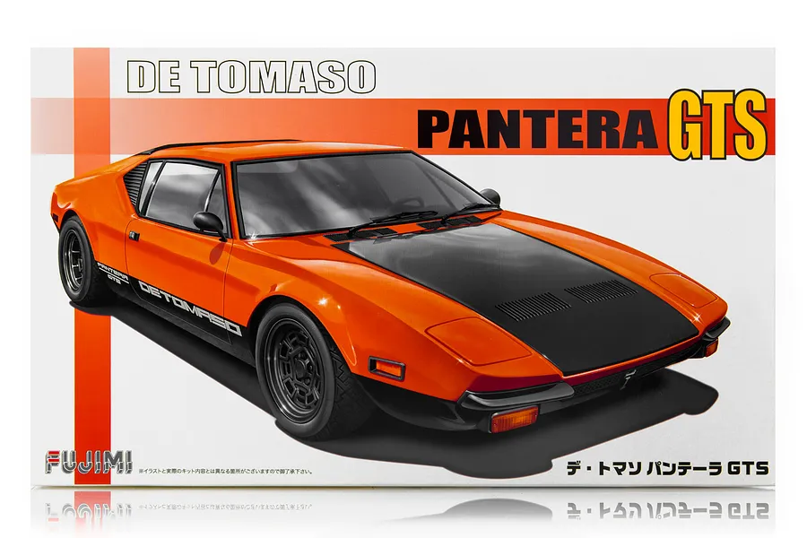 Product box art for a Fujimi 1/24 scale De Tomaso Pantera GTS plastic model kit featuring an orange and black sports car illustration.