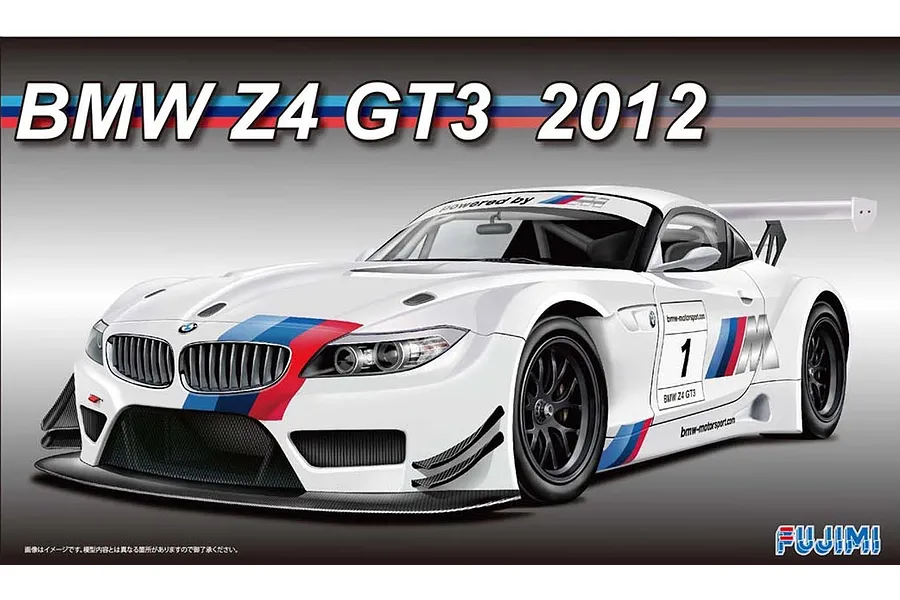 A digital illustration of a white 2012 BMW Z4 GT3 race car with BMW M-sport livery, featuring a large rear wing and black racing wheels.