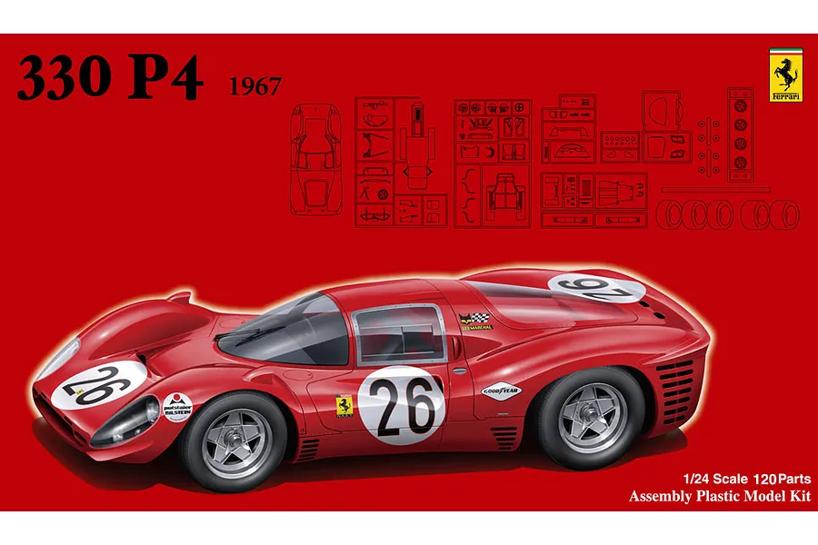 Box art for a Fujimi 1/24 scale Ferrari 330P4 plastic model kit, featuring a red race car with number 26 on a red background with parts diagrams.
