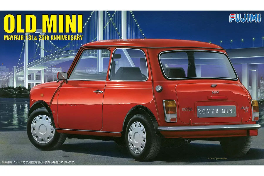 Box art for a Fujimi 1/24 scale Old Mini Mayfair 1.3i &amp; 25th Anniversary plastic model kit featuring a red Mini car against a night bridge background.