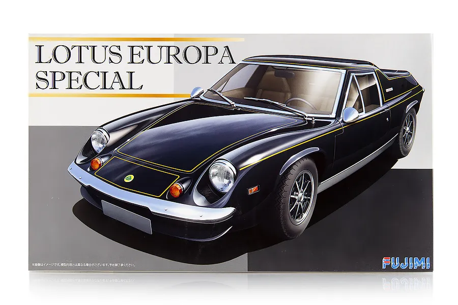 Product box art for a Fujimi 1/24 scale Lotus Europa Special plastic model kit featuring a black sports car illustration.