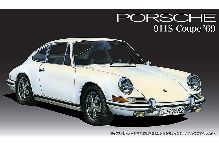 An illustration of a white 1969 Porsche 911S Coupe on a dark grey background, typical of a model kit box art.