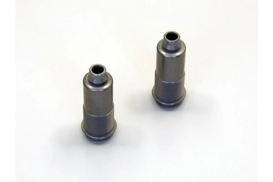 Two grey threaded aluminium shock bodies for Kyosho RC cars, shown from a top-down angle on a white background.