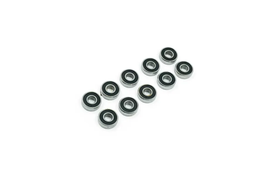 A set of ten small metal ball bearings with black rubber seals arranged in a grid on a white background.