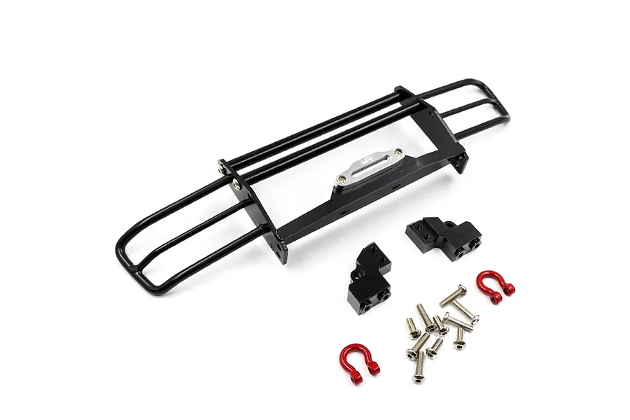 Yeah Racing aluminium alloy front bumper for RC crawler with mounting brackets, screws, and red tow shackles on a white background.