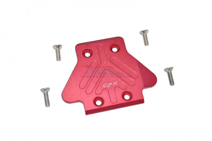 A red anodised aluminium rear skid plate for an RC car, accompanied by four small metal screws, set against a plain white background.