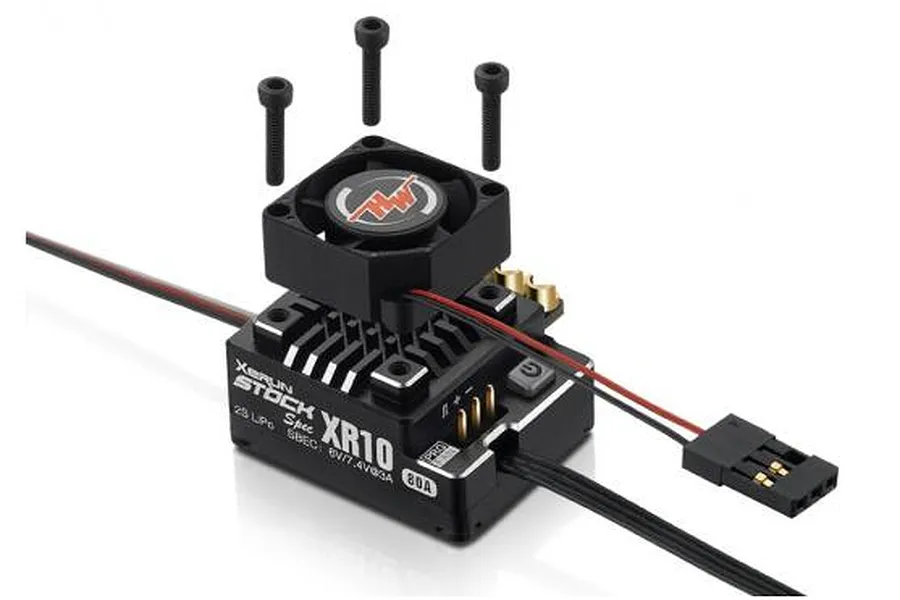 Hobbywing Xerun XR10 Stock Spec brushless ESC with cooling fan and mounting screws on a white background.