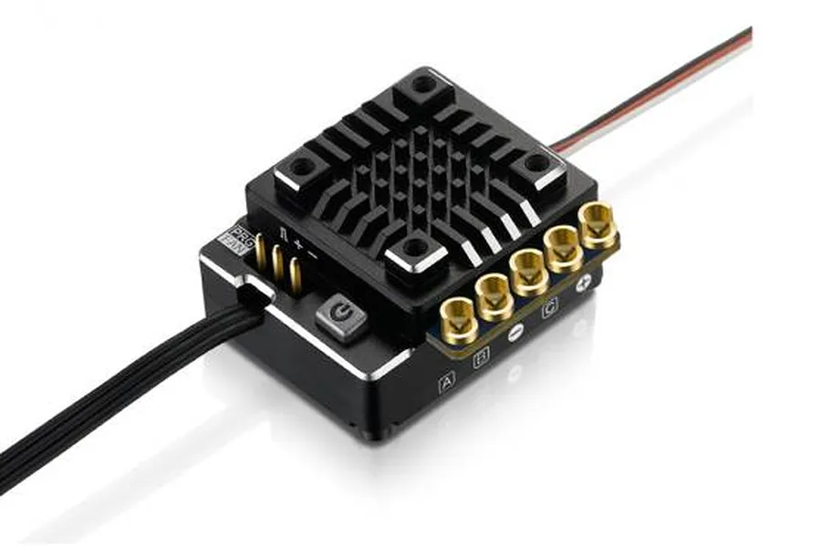 Hobbywing XR10 Stock Spec brushless ESC with black heatsink, gold-plated motor/battery terminals, and attached black wiring.
