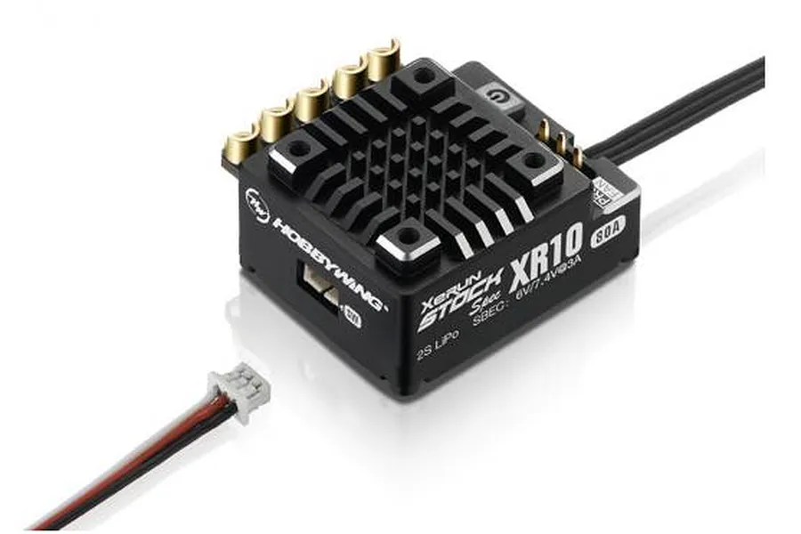 Hobbywing XR10 Stock Spec 80A brushless ESC with cooling fins and a detached switch cable on a white background.