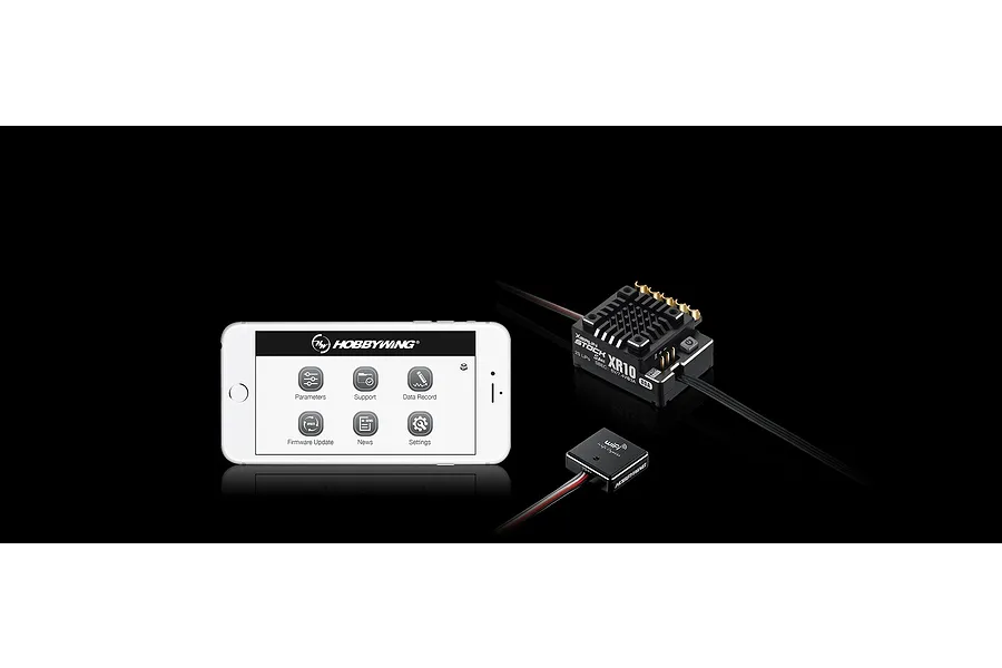 Hobbywing XR10 Stock Spec ESC connected to a WiFi Express module and a smartphone displaying the Hobbywing app interface.