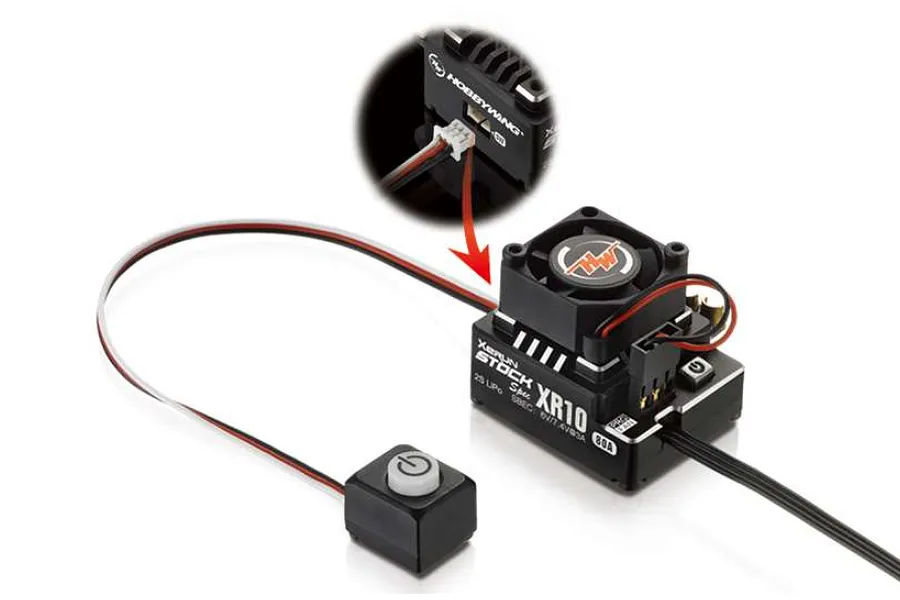 Hobbywing XR10 Stock Spec brushless ESC with cooling fan and power switch, showing a close-up of the sensor cable connection.