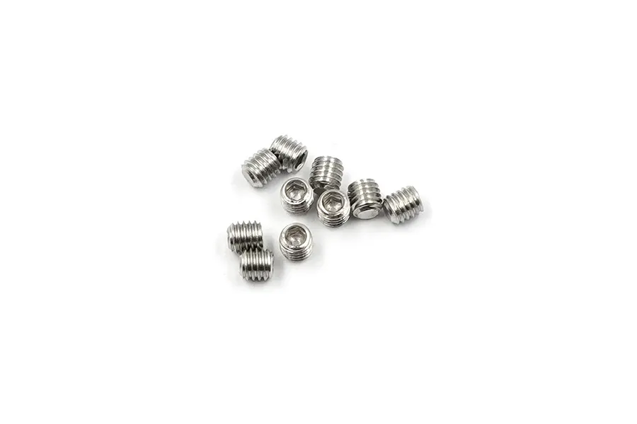 A small pile of ten silver-coloured metal M3 grub screws with hexagonal drive sockets, isolated on a white background.