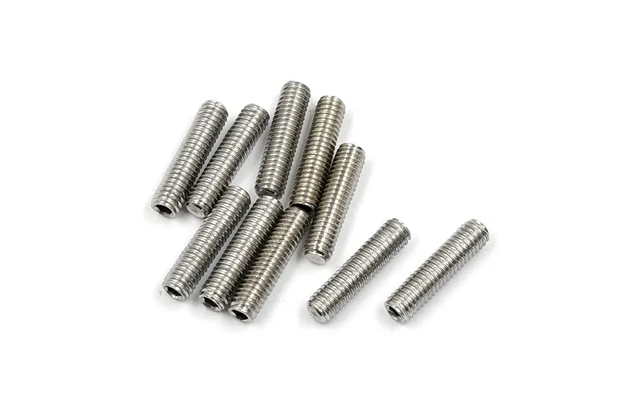 A collection of ten silver-coloured metal grub screws arranged on a white background.