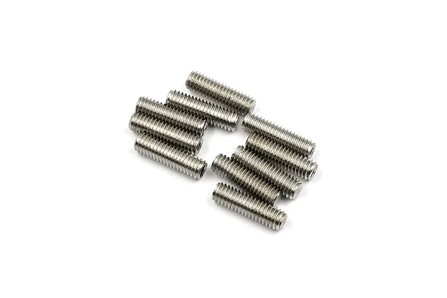 A small pile of ten silver-coloured metal grub screws arranged on a plain white background.