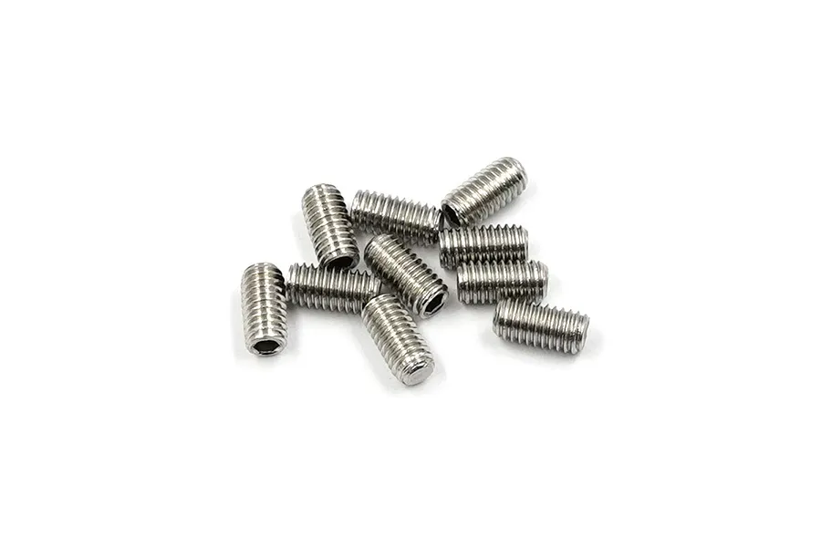 A small pile of ten silver-coloured metal grub screws with hexagonal drive sockets on a plain white background.