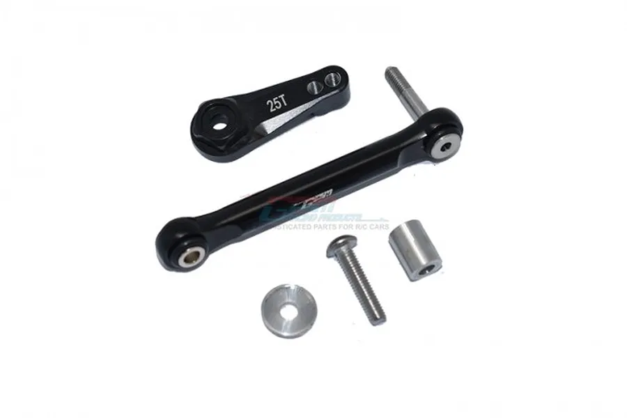 GPM Racing black aluminium steering tie rod and 25T servo horn set for Losi RC vehicles with included mounting hardware.