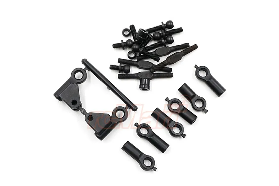 A set of black RC car suspension parts including threaded rods, ball ends, and plastic molded components on a white background.