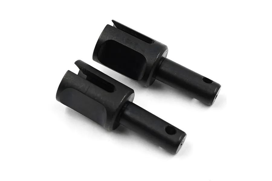 Two black steel differential outdrive cups for RC cars, shown from a high angle on a white background.