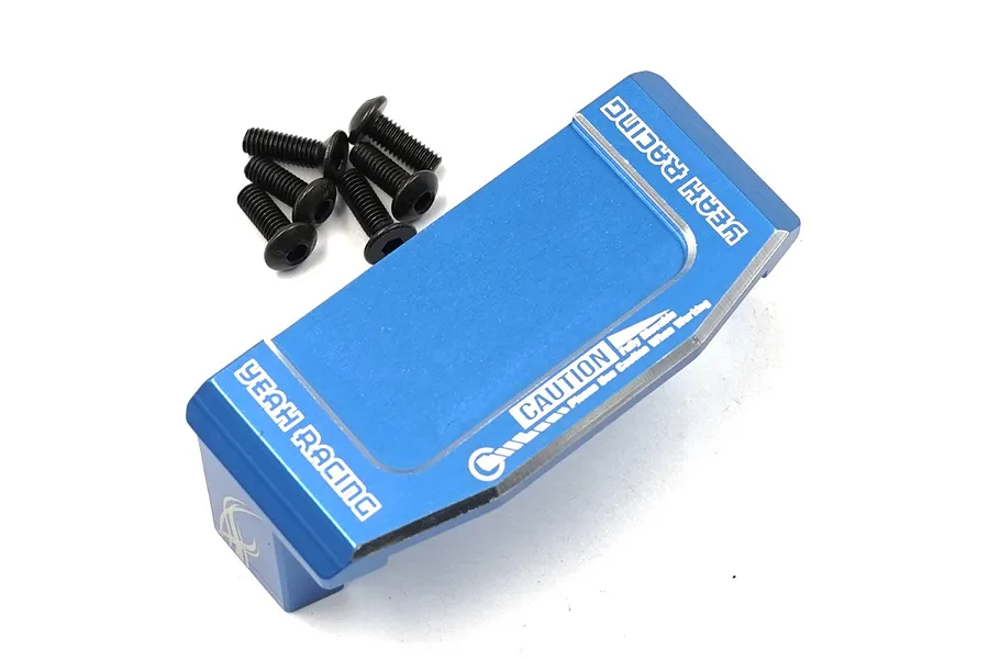 A blue anodized aluminium Yeah Racing servo mount with six black hex screws on a white background.