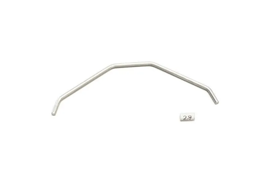 A silver metal RC sway bar with a small white label marked 2.9 placed next to it on a white background.